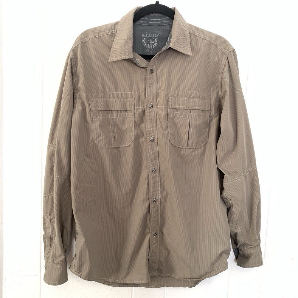 Kuhl Men's Medium Shirt Gray Pinstripe Long Sleeve Button Up Chest Pockets